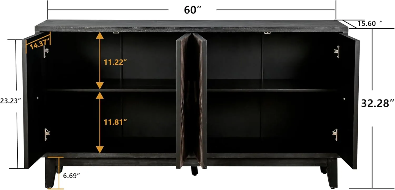 Rustic Buffet Cabinet Distressed Finish Sideboard with 4 Embossed Doors, Large Credenza Cabinet for Living Room Dining Room Kitchen, Brown