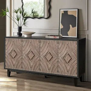 Rustic Buffet Cabinet Distressed Finish Sideboard with 4 Embossed Doors, Large Credenza Cabinet for Living Room Dining Room Kitchen, Brown