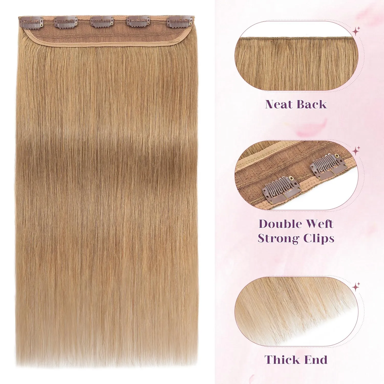 S-noilite Clip in Human Hair Extensions 1 Piece 5 Clips 3/4 Full Head Clip on Remy Hair Extension For Women Lighter One-Piece Design Adding Hair Volume 18Inch 50g Dark Blonde
