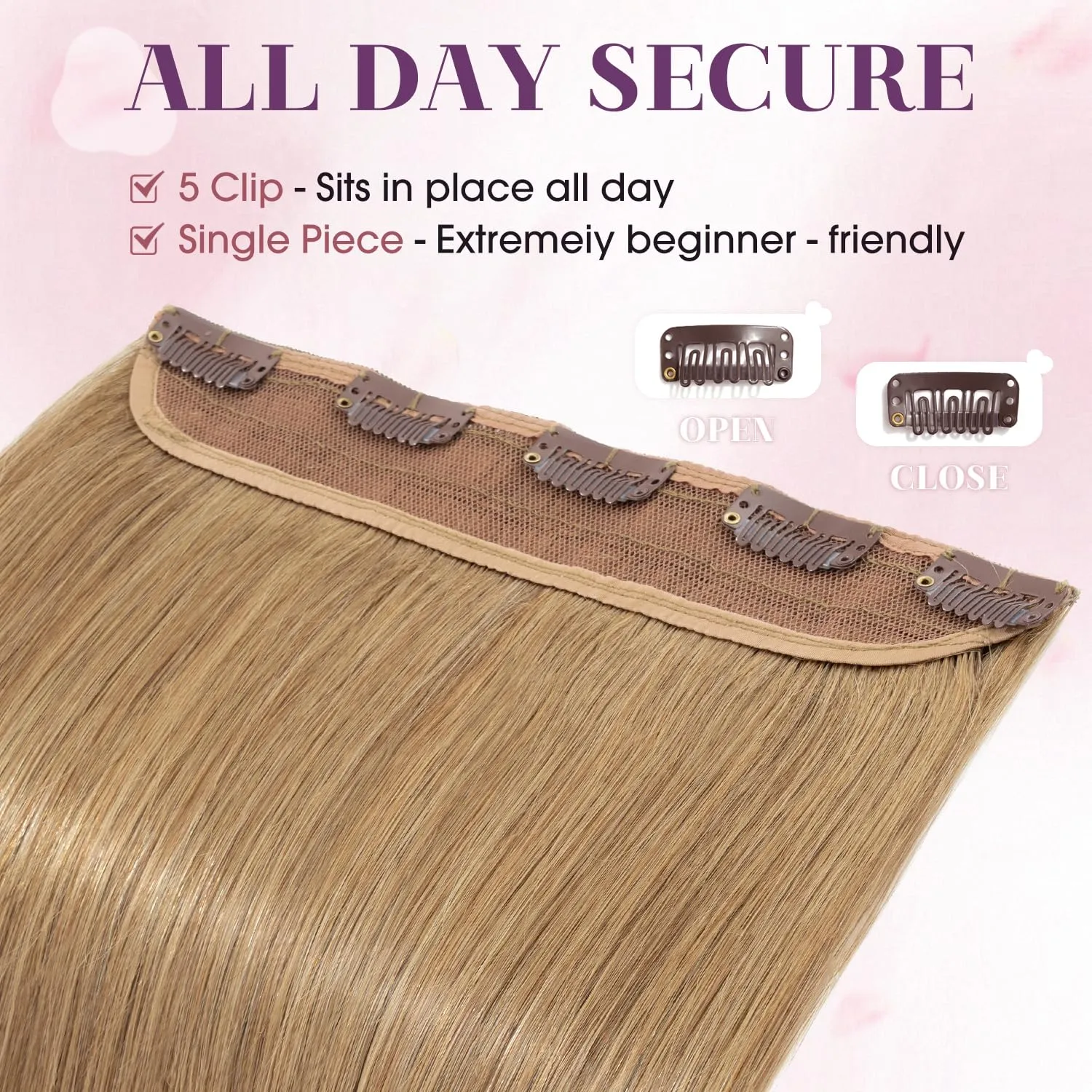 S-noilite Clip in Human Hair Extensions 1 Piece 5 Clips 3/4 Full Head Clip on Remy Hair Extension For Women Lighter One-Piece Design Adding Hair Volume 18Inch 50g Dark Blonde