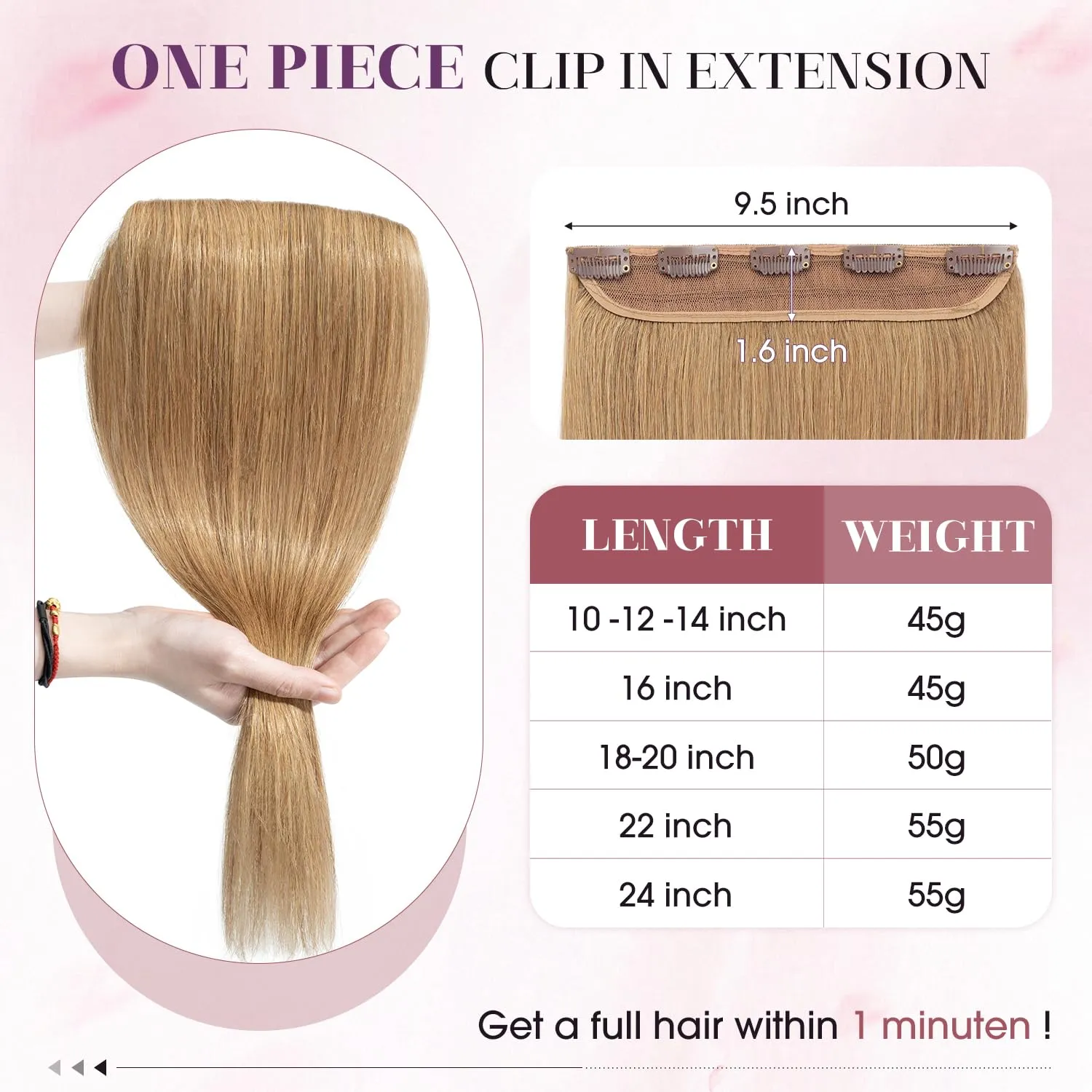 S-noilite Clip in Human Hair Extensions 1 Piece 5 Clips 3/4 Full Head Clip on Remy Hair Extension For Women Lighter One-Piece Design Adding Hair Volume 18Inch 50g Dark Blonde