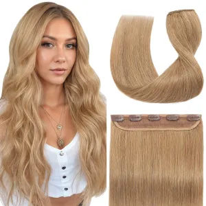 S-noilite Clip in Human Hair Extensions 1 Piece 5 Clips 3/4 Full Head Clip on Remy Hair Extension For Women Lighter One-Piece Design Adding Hair Volume 18Inch 50g Dark Blonde