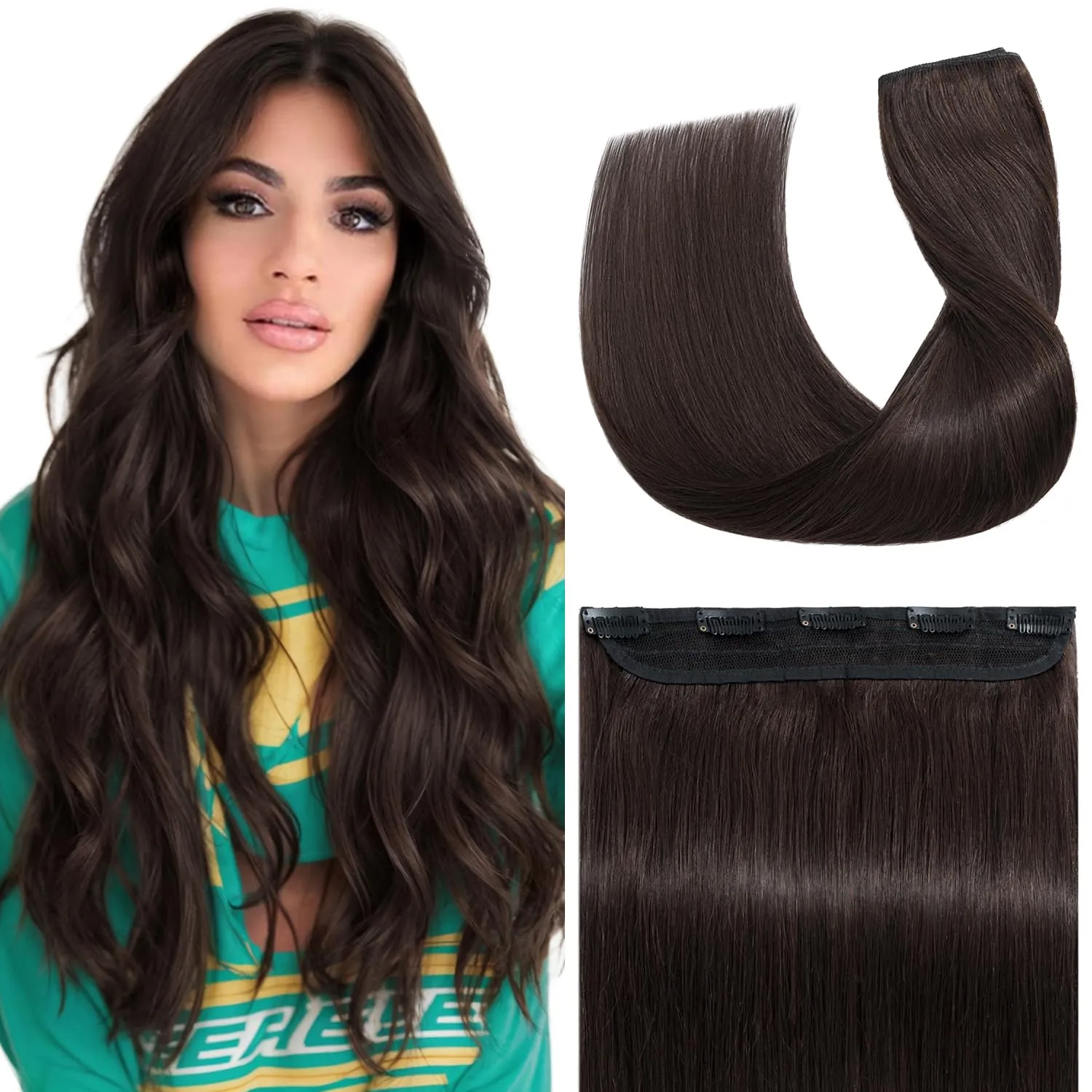 S-noilite One Piece Hair Extensions Clip in Human Hair 5 Clips 3/4 Full Head Clip on Remy Hair Extension for Women,One-Piece Design Adding Hair Volume 10 Inch 40g #Dark Brown
