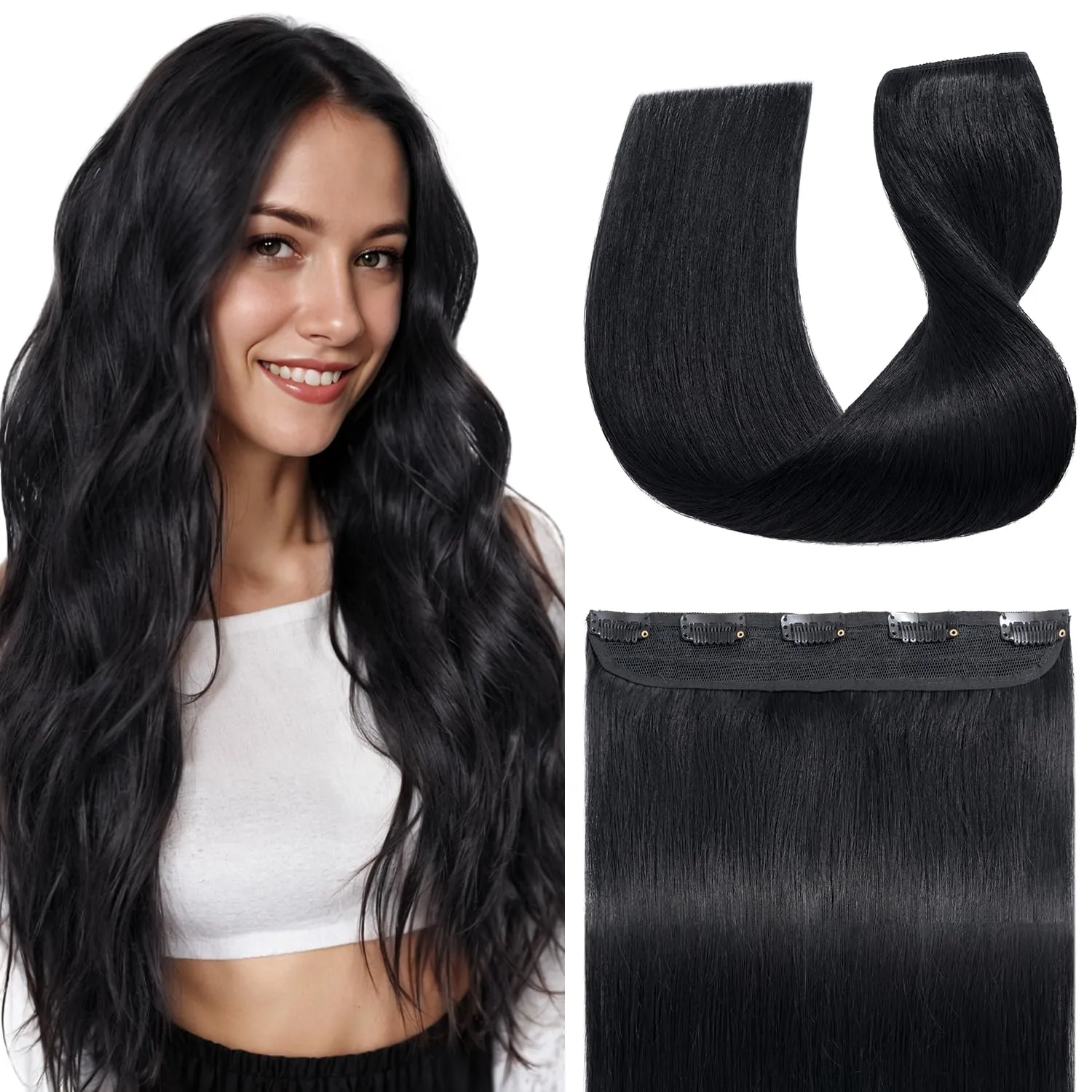 S-noilite One Piece Hair Extensions Clip in Human Hair 5 Clips 3/4 Full Head Clip on Remy Hair Extension for Women,One-Piece Design Adding Hair Volume 10 Inch 40g #Jet Black
