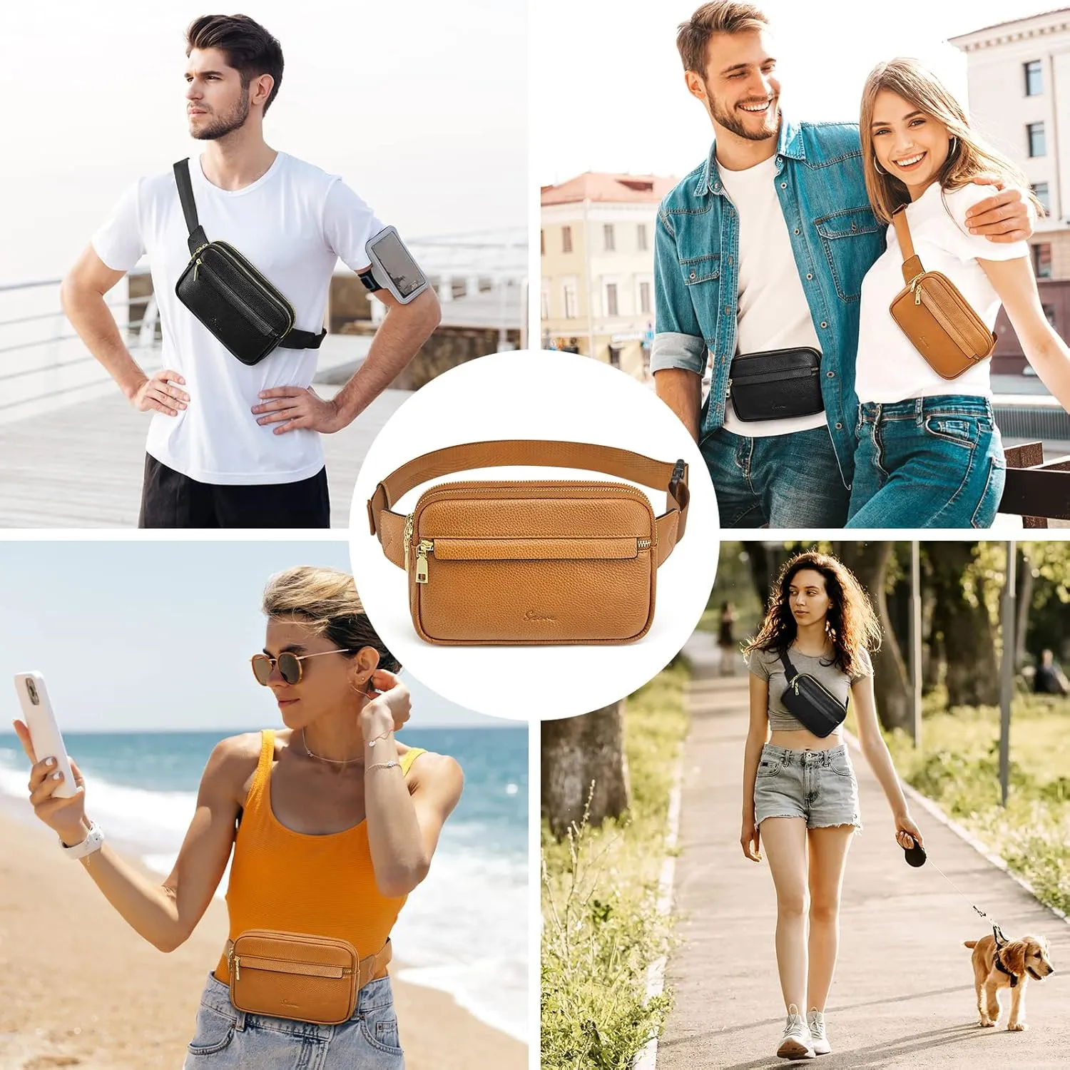 S-ZONE Fanny Packs for Women Genuine Leather RFID Blocking Crossbody Bags Purses Sling Waist Chest Bag Gifts Travel Running Adjustable Strap Men
