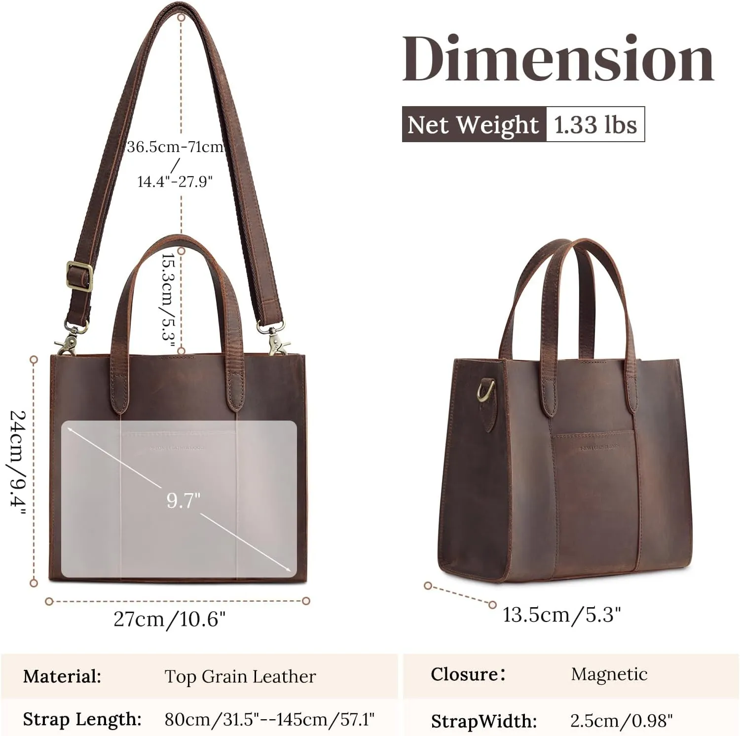 S-ZONE Leather Crossbody Tote Bags for Women Satchel Bag Top Handle Handbag Shoulder Purses Medium