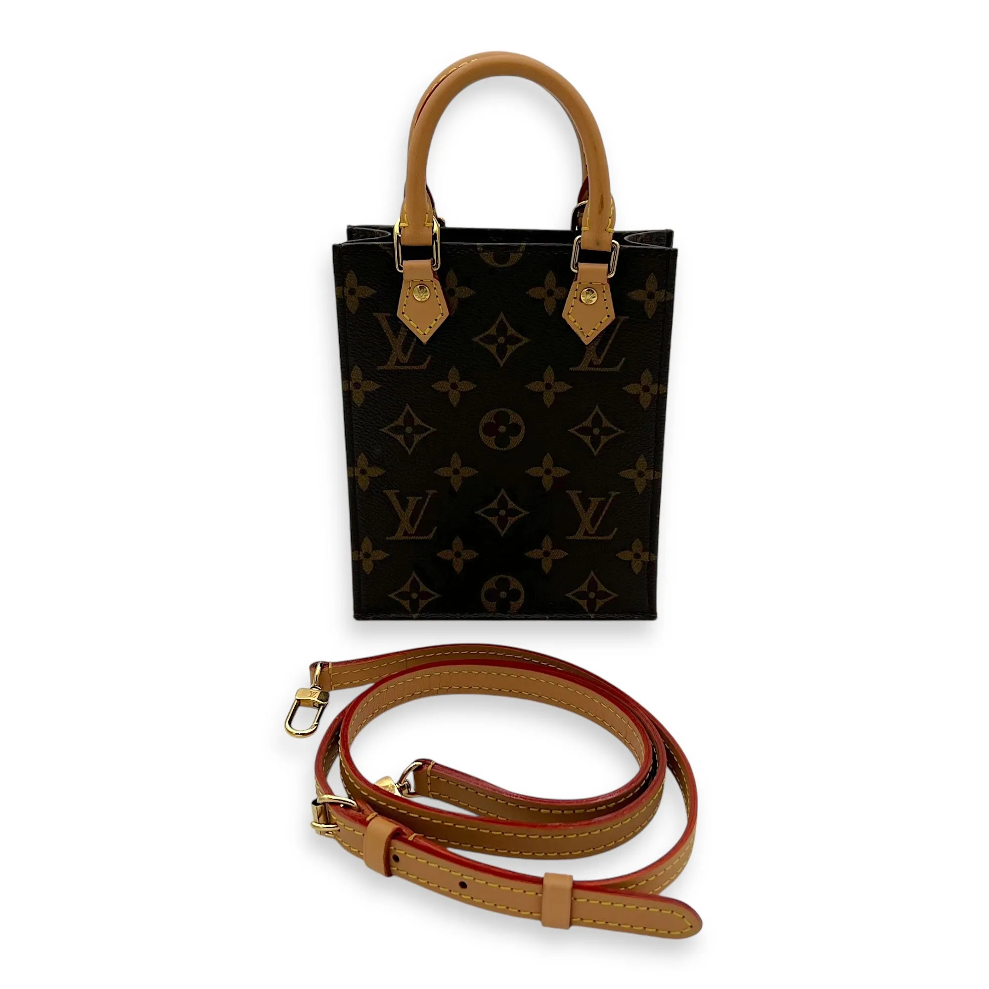 Sac Plat Petite Brown Top Handle Bag in Monogram Coated Canvas, Gold hardware