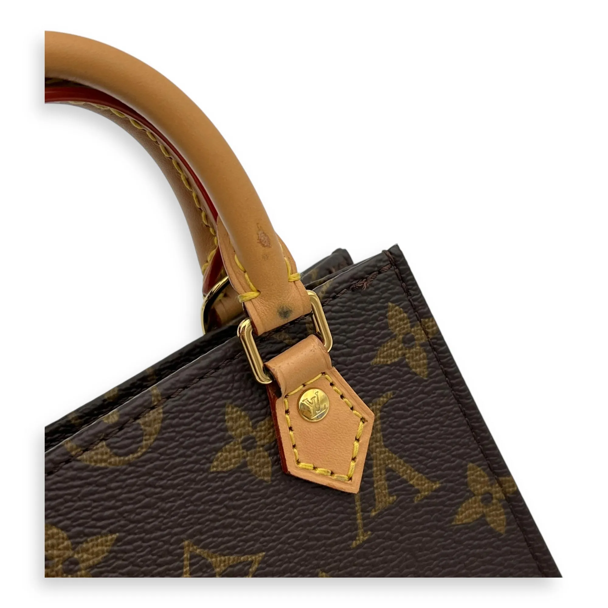 Sac Plat Petite Brown Top Handle Bag in Monogram Coated Canvas, Gold hardware
