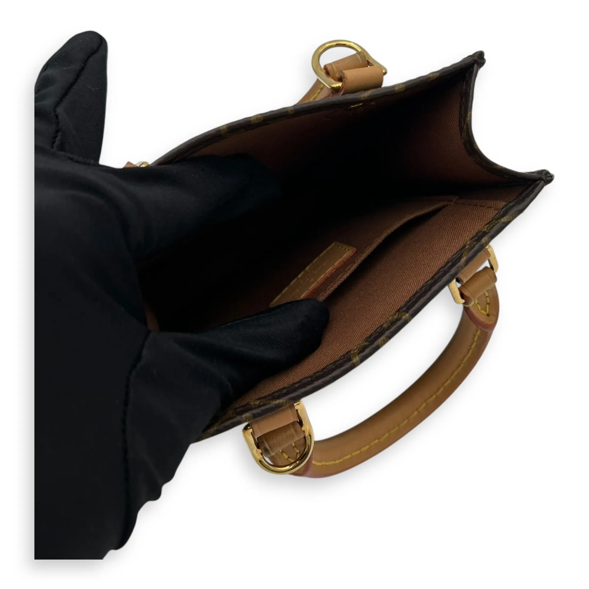 Sac Plat Petite Brown Top Handle Bag in Monogram Coated Canvas, Gold hardware