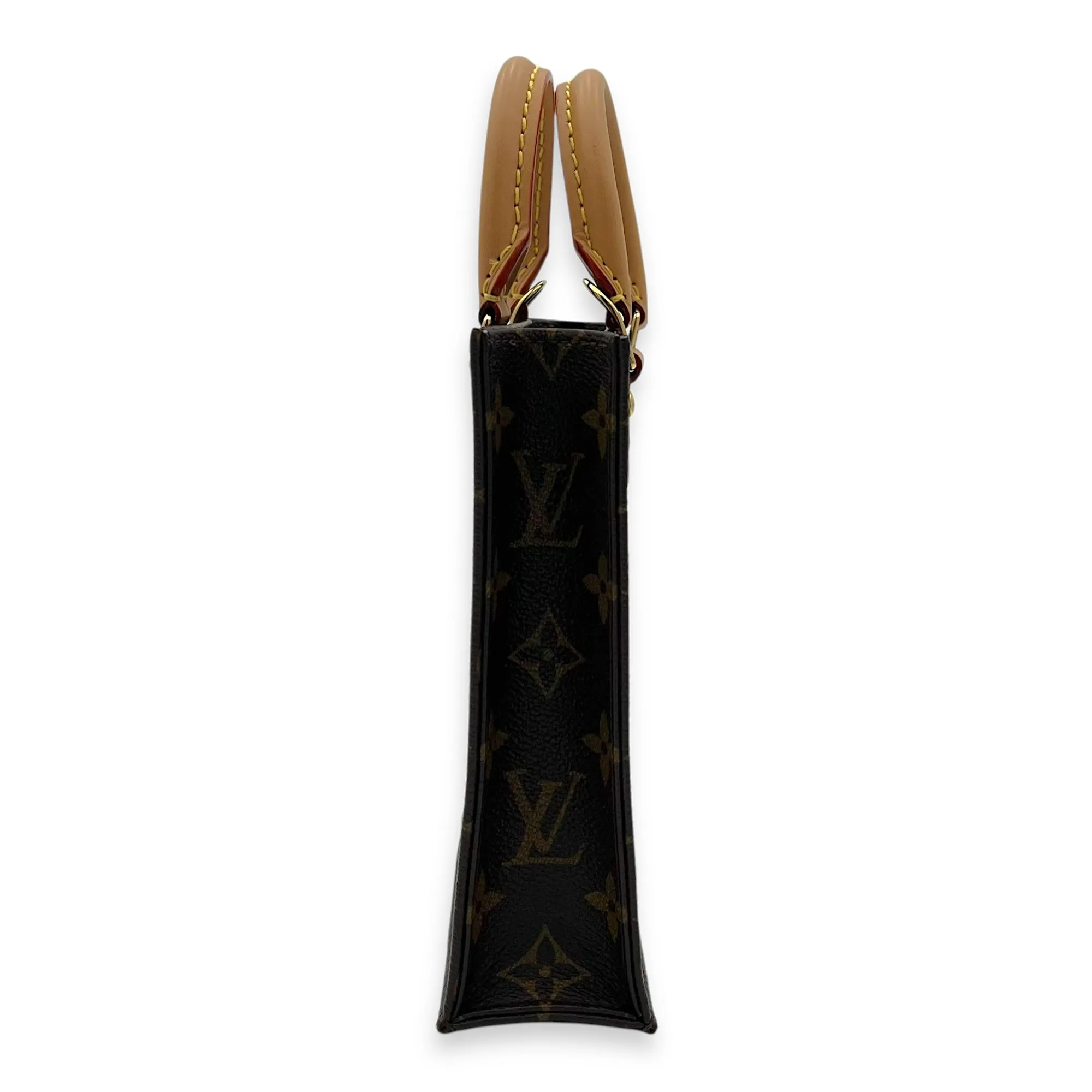 Sac Plat Petite Brown Top Handle Bag in Monogram Coated Canvas, Gold hardware