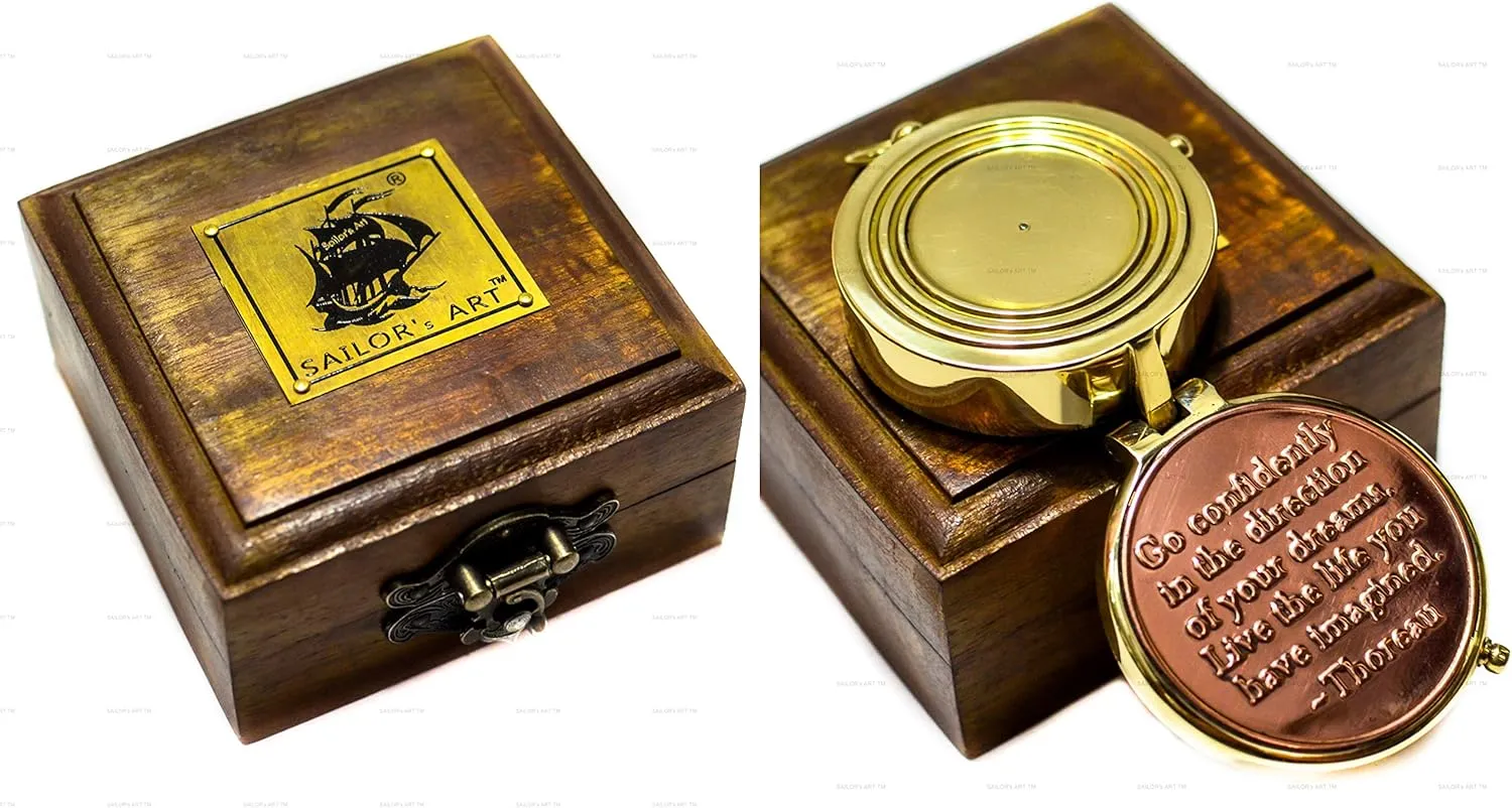 Sailor's Art Pocket Compass | Camping Travelling Equipment | Boat Brass Chain Compass with a Beautiful Quote| Nautical Navy Directional Compass | Table Top