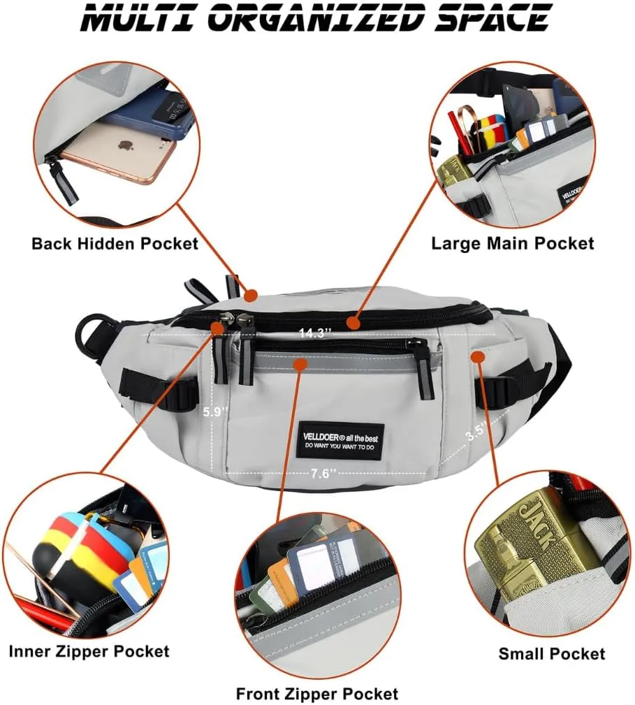 SAMAZON Grey Crossbody Waist Bag for Men & Women – Water-Resistant Sling Bag with Adjustable Strap, Multi-Pocket Fanny Pack for Travel, Hiking, Outdoor, and Everyday Use