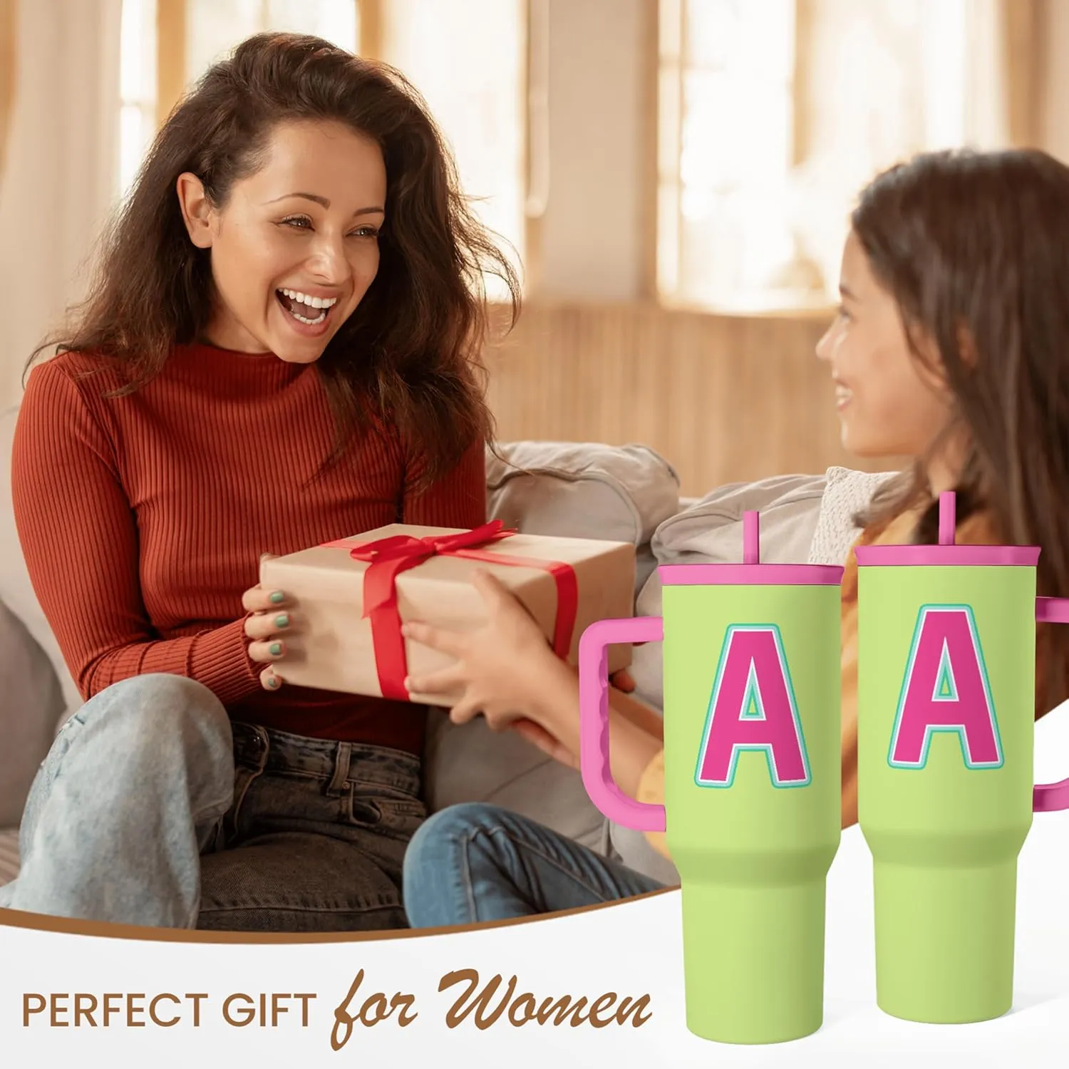 SANDJEST Monogrammed Tumbler with Handle 40oz, Letter A Tumblers Coffee Travel Cup with Straw, Personalized Monogram Initial Gifts for Women Girls, Customized Gifts for Christmas Birthday Mothers Day