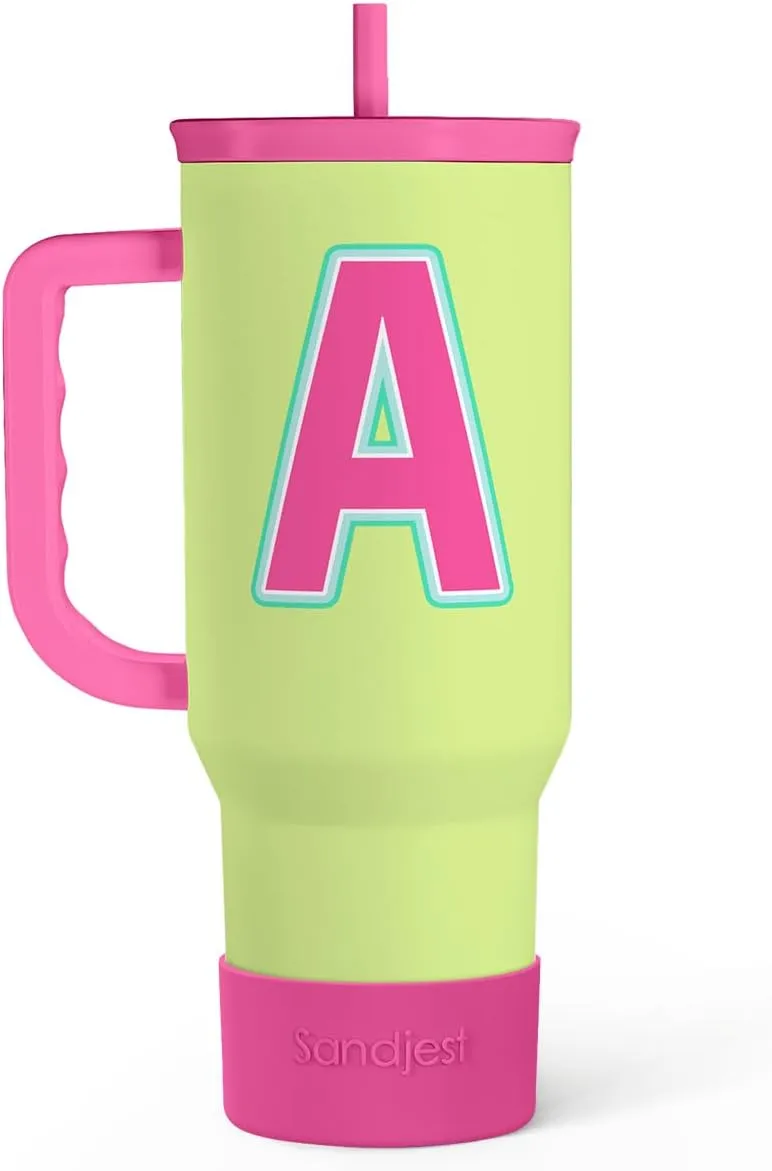 SANDJEST Monogrammed Tumbler with Handle 40oz, Letter A Tumblers Coffee Travel Cup with Straw, Personalized Monogram Initial Gifts for Women Girls, Customized Gifts for Christmas Birthday Mothers Day