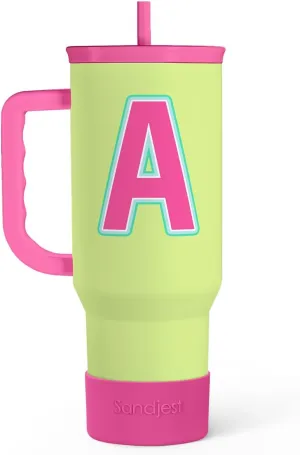 SANDJEST Monogrammed Tumbler with Handle 40oz, Letter A Tumblers Coffee Travel Cup with Straw, Personalized Monogram Initial Gifts for Women Girls, Customized Gifts for Christmas Birthday Mothers Day
