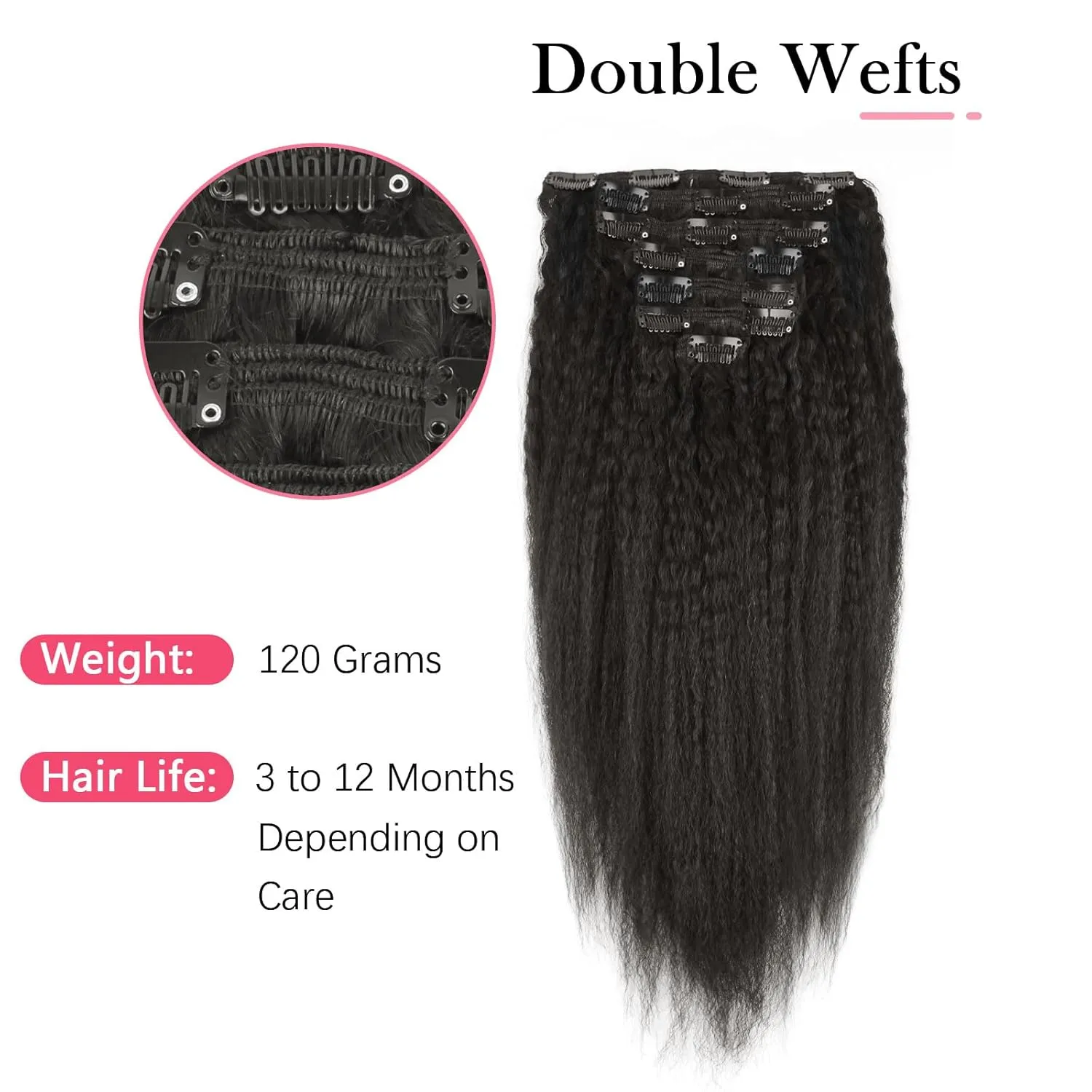 Sassina Afro Kinky Straight Clip-ins Human Hair Extensions For Black Women Natural Color Double Weft Clip on Remy Hair Exensions Full Head Set 18 Inch 120Grams 7Pcs