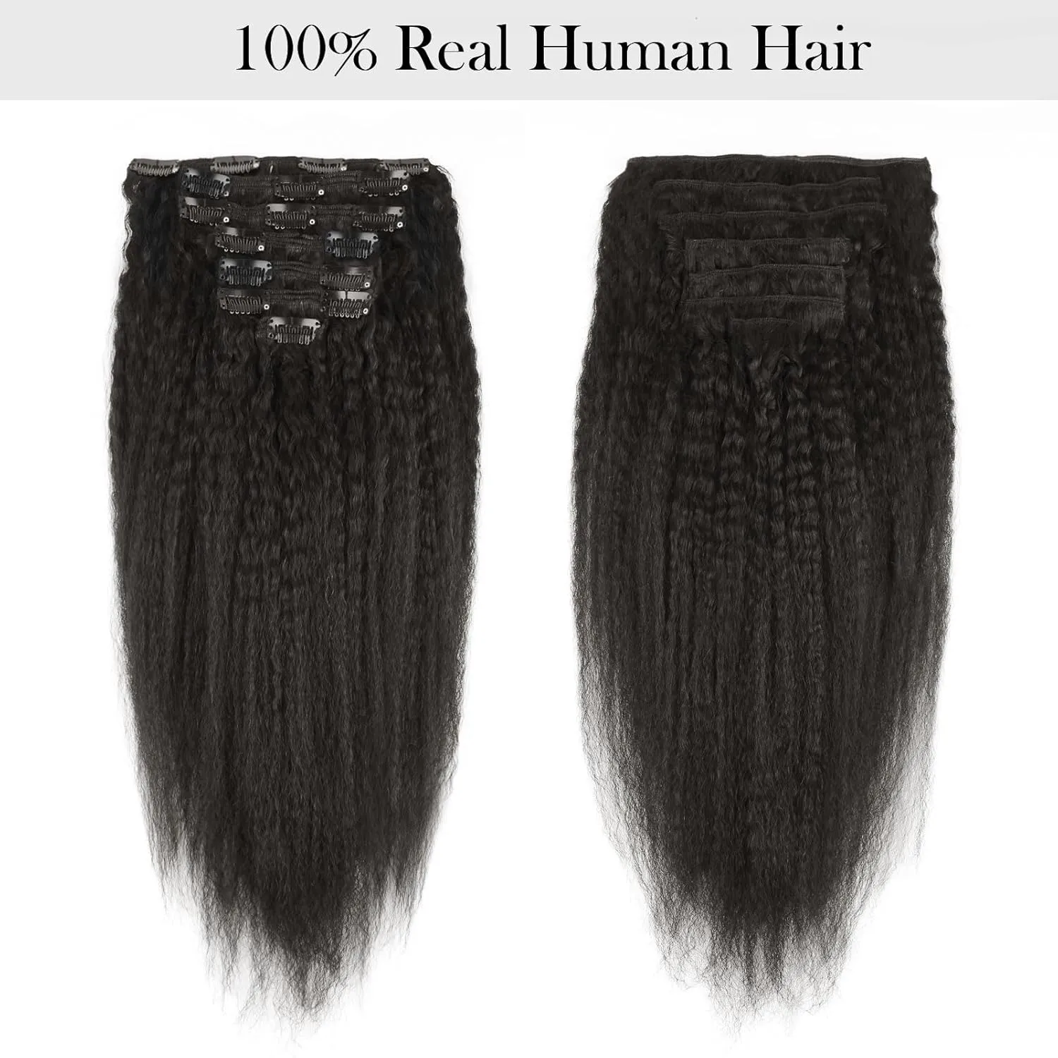 Sassina Afro Kinky Straight Clip-ins Human Hair Extensions For Black Women Natural Color Double Weft Clip on Remy Hair Exensions Full Head Set 18 Inch 120Grams 7Pcs