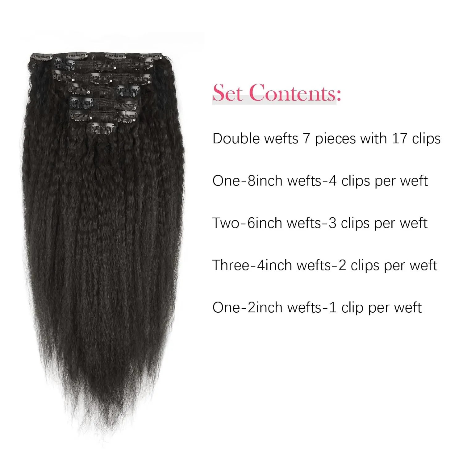 Sassina Afro Kinky Straight Clip-ins Human Hair Extensions For Black Women Natural Color Double Weft Clip on Remy Hair Exensions Full Head Set 18 Inch 120Grams 7Pcs