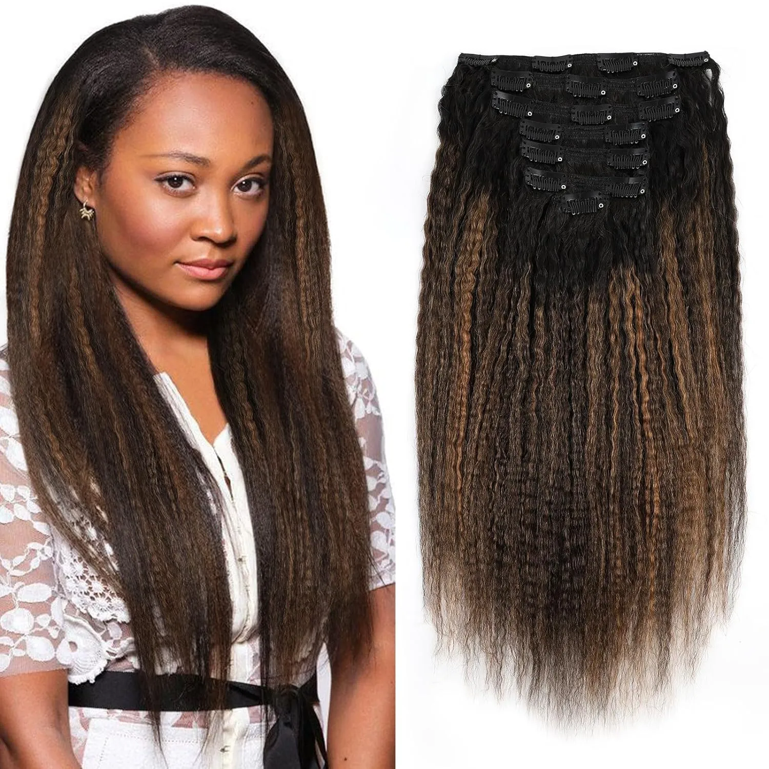 Sassina Clip in Hair Extensions Human Hair for African American Women Two Tone Natural Black to Light Auburn Clip ins Hair Extensions for Full Head 14 Inch 120 Gram 7 Pcs #T1B/1BP30
