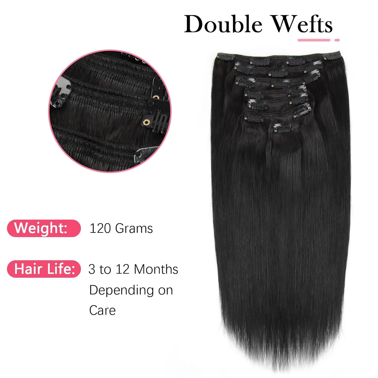Sassina Clip in Silky Straight Hair Extensions Double Wefts Remy Human Hair Extensions For Black Women Real Human hair 7 Clips and 7 Pieces 120 Gram 14 Inch