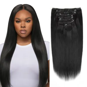 Sassina Clip in Silky Straight Hair Extensions Double Wefts Remy Human Hair Extensions For Black Women Real Human hair 7 Clips and 7 Pieces 120 Gram 14 Inch