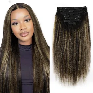 Sassina Kinky Style Clip in Human Hair Extensions Two Tone Natural Color to Strawberry Blonde Double Weft Remy Human Hair for African American Women 18 Inch 120 Gram 7 Pcs #T1B/1BP27
