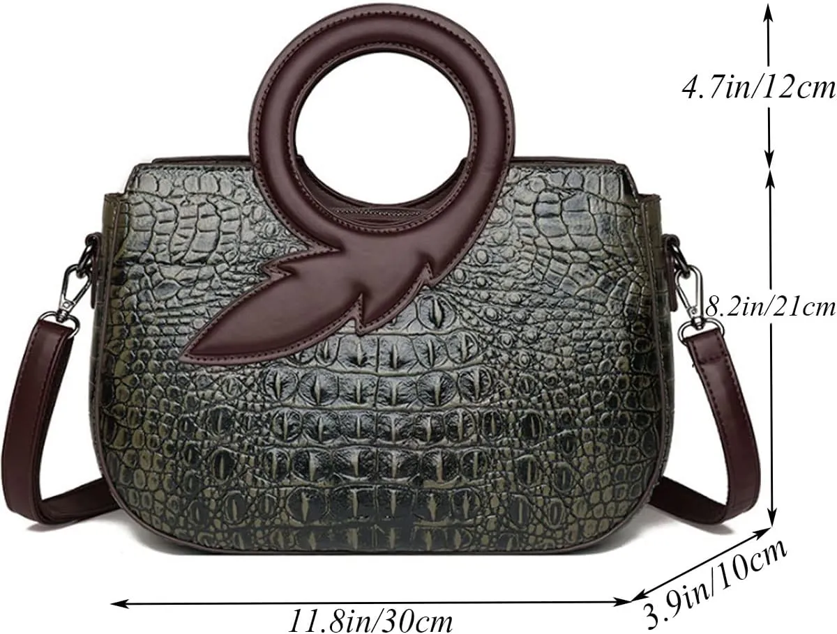 Satchel Bag for Women Crocodile-Embossed Pattern Handbag Ring Top Handle Shoulder Bag Embossed Leather Tote Purse
