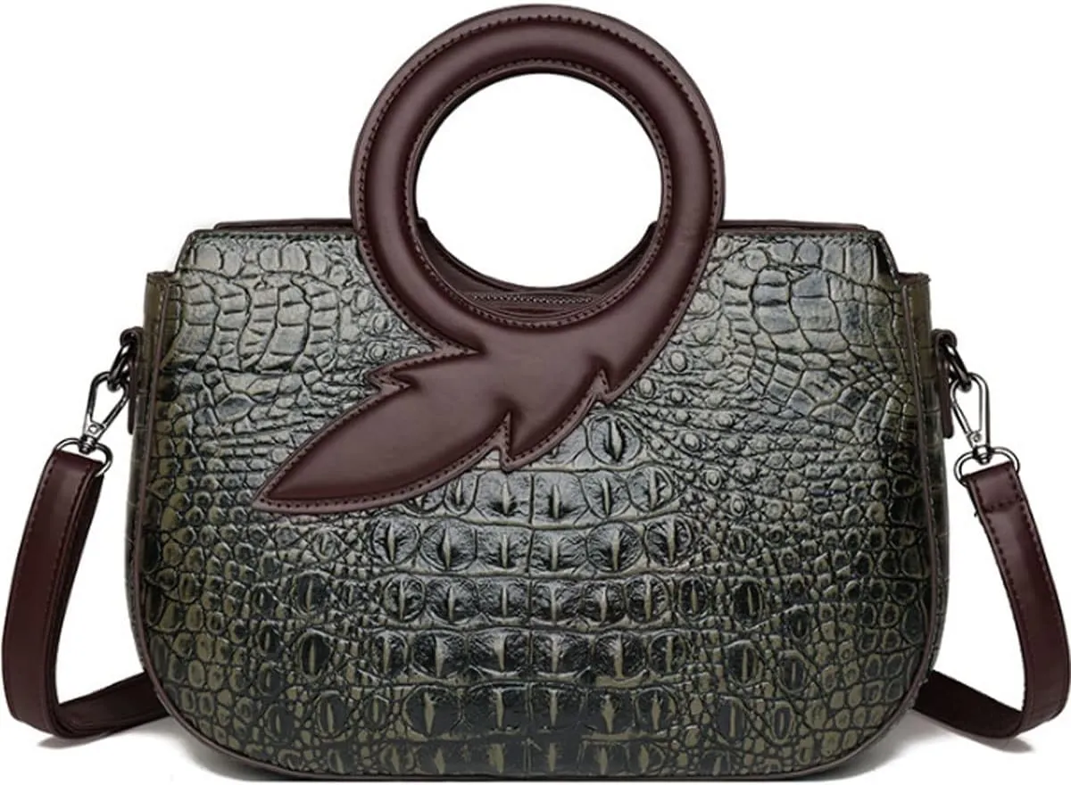Satchel Bag for Women Crocodile-Embossed Pattern Handbag Ring Top Handle Shoulder Bag Embossed Leather Tote Purse
