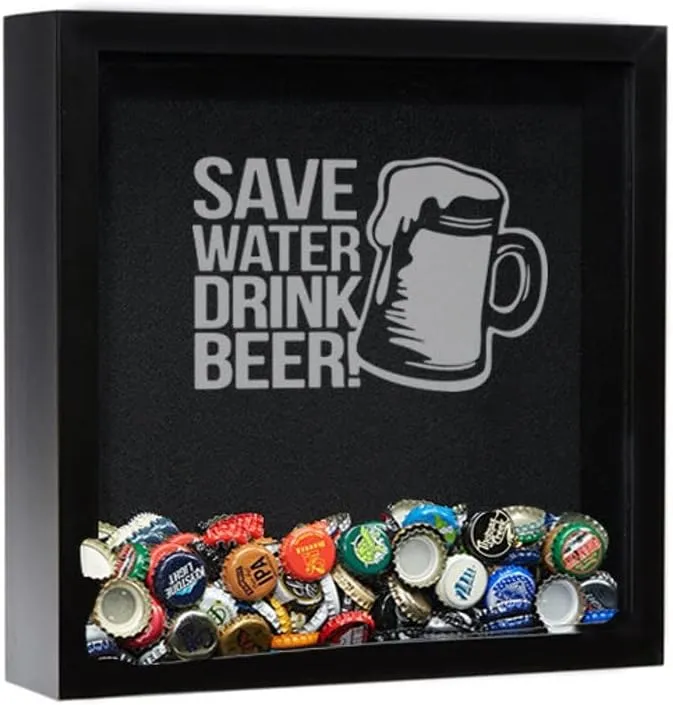 Save Water Drink Beer Shadow Box, Beer Cap Holder, Bottle Caps Display, Gift for Men, Man Cave, Gift for Dad, Husband Gift, Beer Cap Display, Wall Mounted or Free Standing (Distressed Wood Shadow Box)