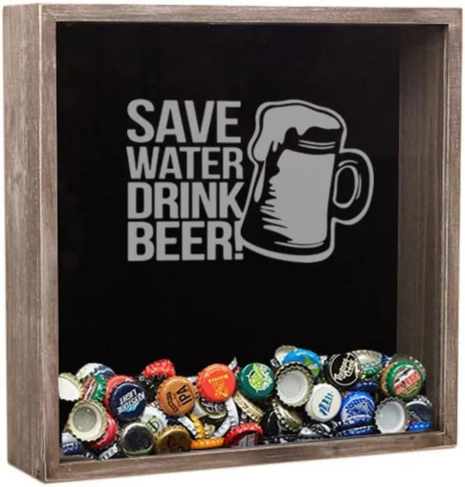 Save Water Drink Beer Shadow Box, Beer Cap Holder, Bottle Caps Display, Gift for Men, Man Cave, Gift for Dad, Husband Gift, Beer Cap Display, Wall Mounted or Free Standing (Distressed Wood Shadow Box)