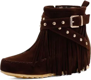 Scaoruki Women Casual Ankle Boots Flat Fringe Mocassion Booties