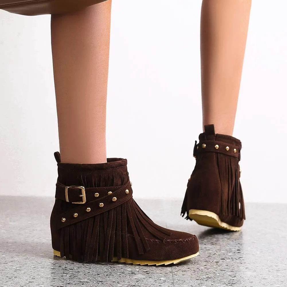 Scaoruki Women Casual Ankle Boots Flat Fringe Mocassion Booties