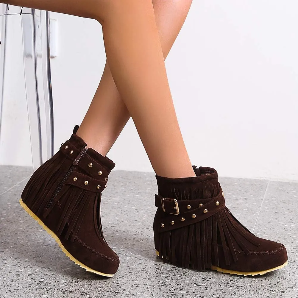 Scaoruki Women Casual Ankle Boots Flat Fringe Mocassion Booties
