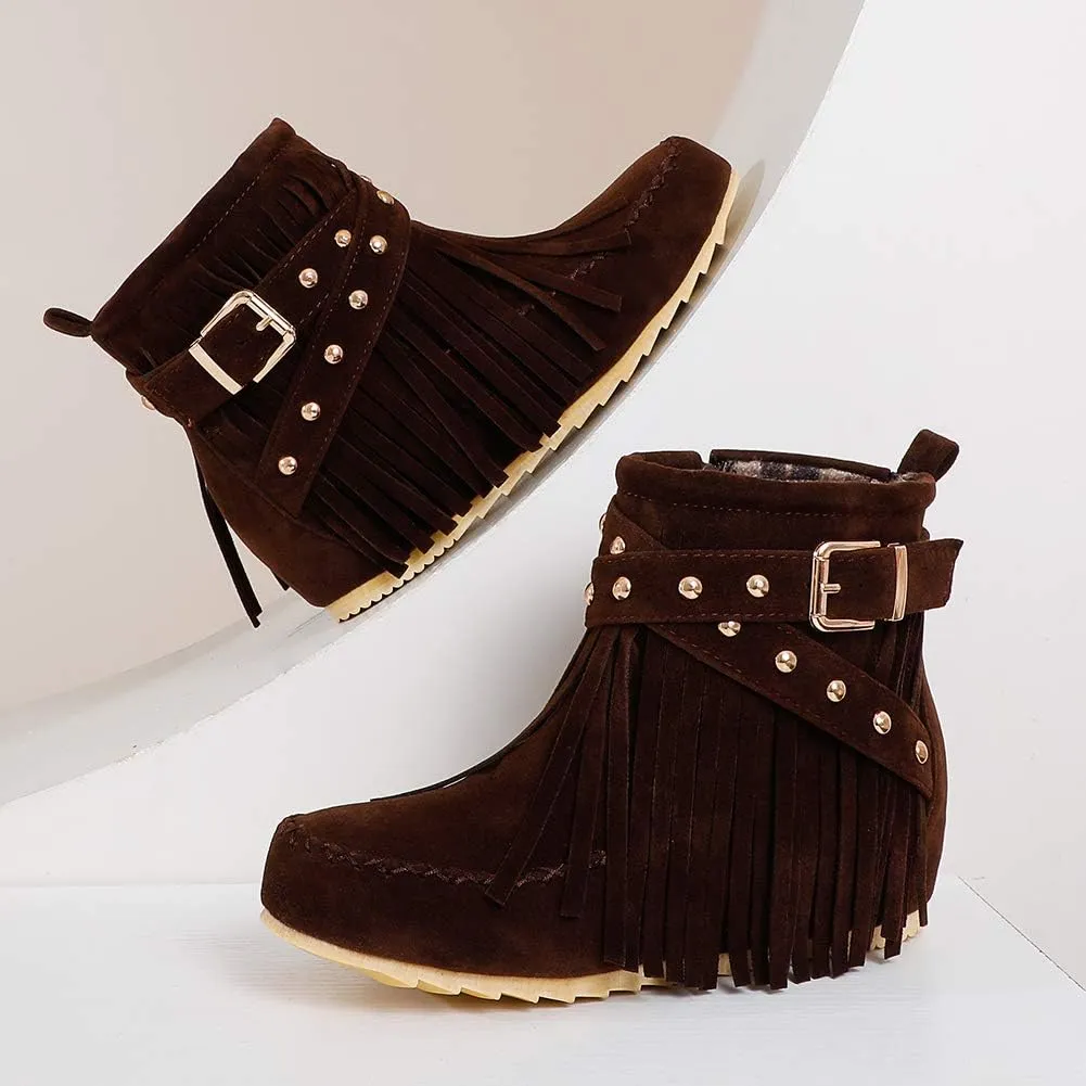 Scaoruki Women Casual Ankle Boots Flat Fringe Mocassion Booties