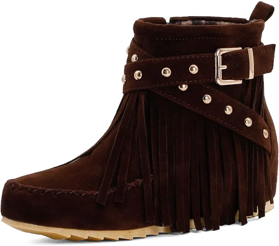 Scaoruki Women Casual Ankle Boots Flat Fringe Mocassion Booties