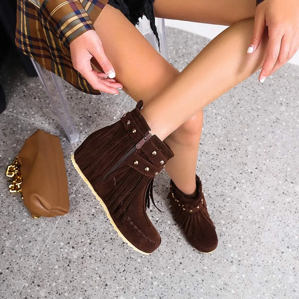 Scaoruki Women Casual Ankle Boots Flat Fringe Mocassion Booties