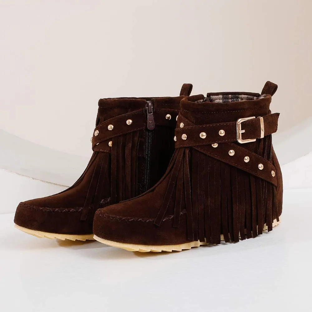 Scaoruki Women Casual Ankle Boots Flat Fringe Mocassion Booties