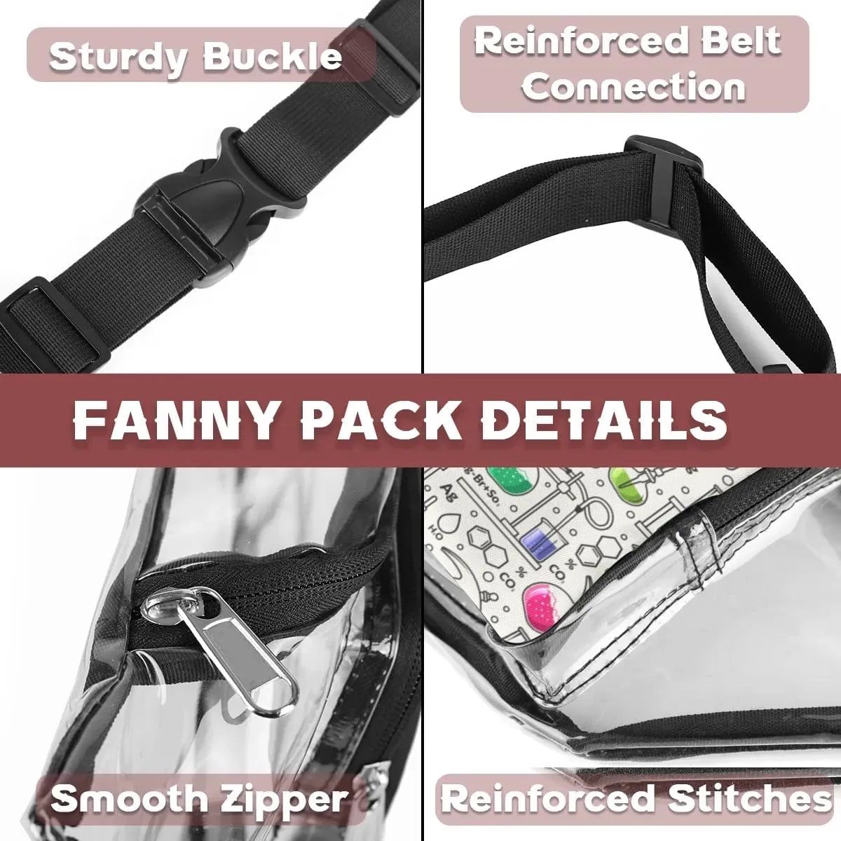 Science Formulas Laboratory Theme Clear Fanny Pack Stadium Approved Clear Crossbody Belt Bag for Women Men Transparent Waist Bag with Adjustable Strap for Concerts Sports Events Travel