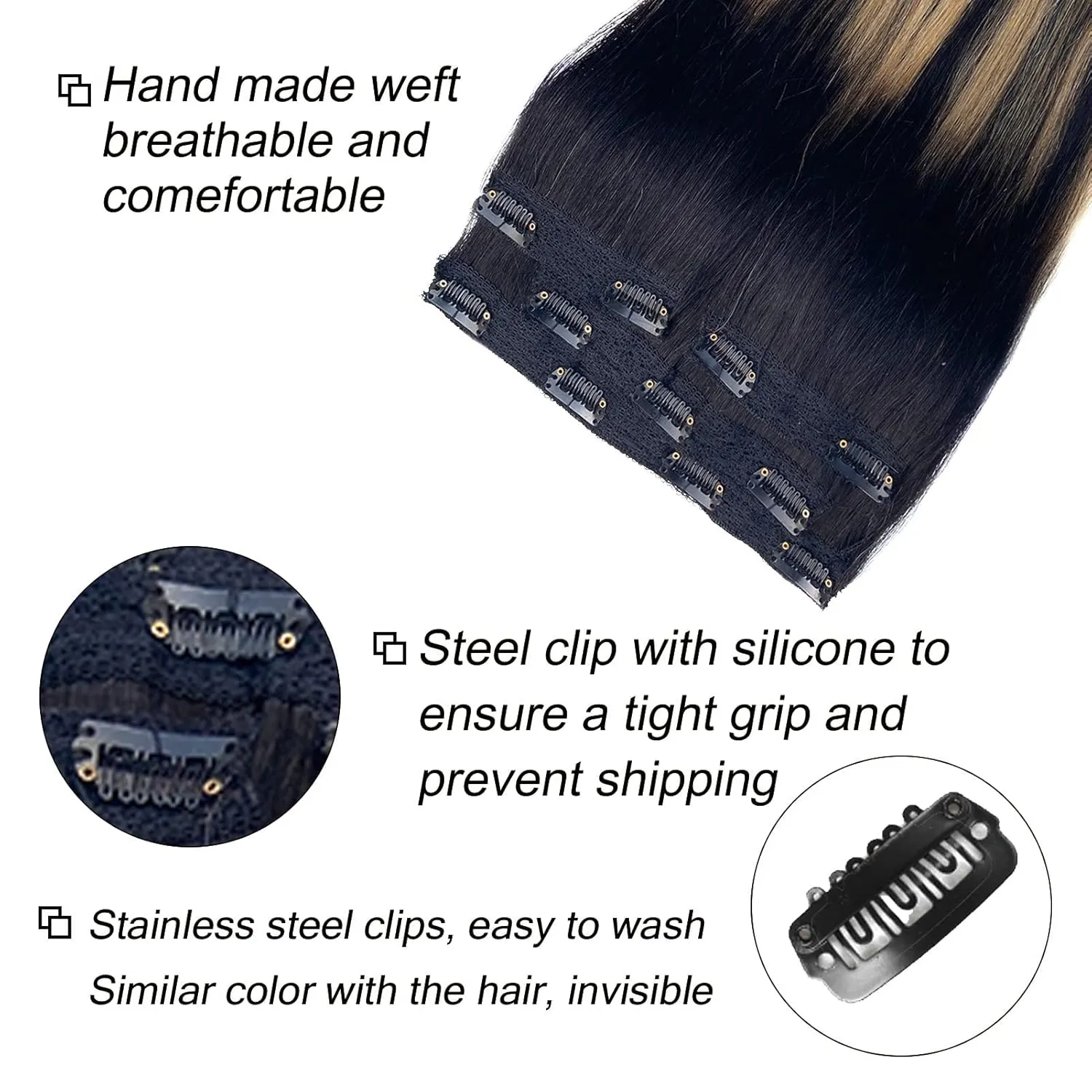 Seamless Lace Clip in Hair Extensions Balayage Black to Caramel Blonde Highlights 4 Pieces 100g 16 Inch