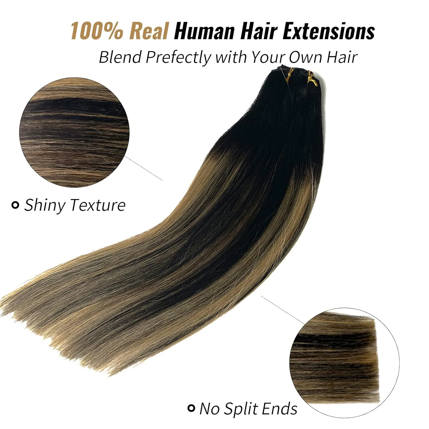 Seamless Lace Clip in Hair Extensions Balayage Black to Caramel Blonde Highlights 4 Pieces 100g 16 Inch