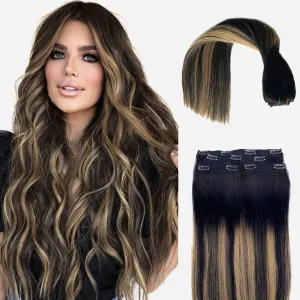 Seamless Lace Clip in Hair Extensions Balayage Black to Caramel Blonde Highlights 4 Pieces 100g 16 Inch