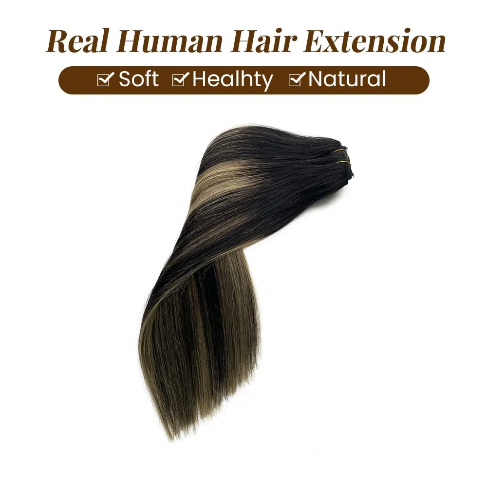 Seamless Lace Clip in Hair Extensions Balayage Black to Caramel Blonde Highlights 4 Pieces 100g 16 Inch