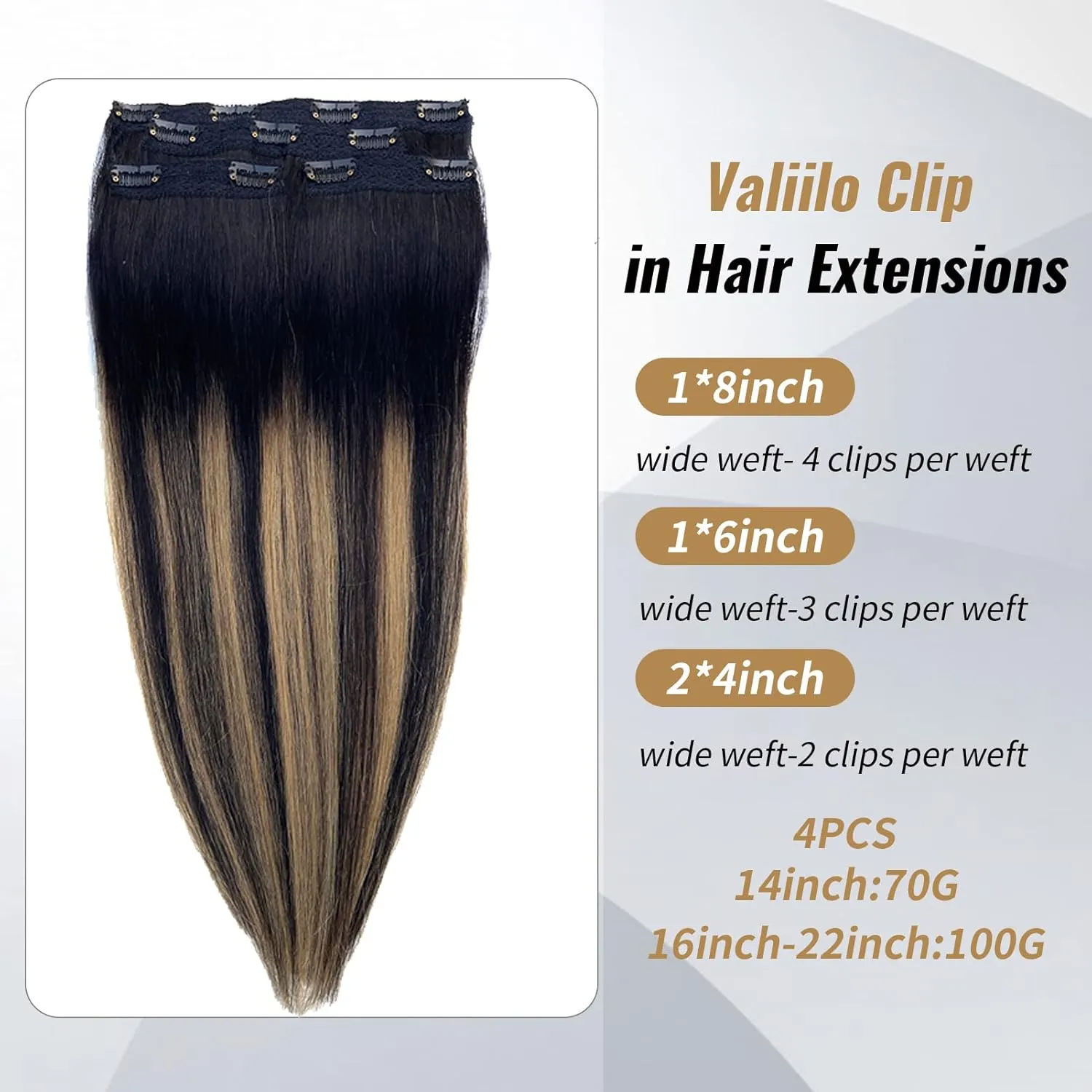 Seamless Lace Clip in Hair Extensions Balayage Black to Caramel Blonde Highlights 4 Pieces 100g 16 Inch
