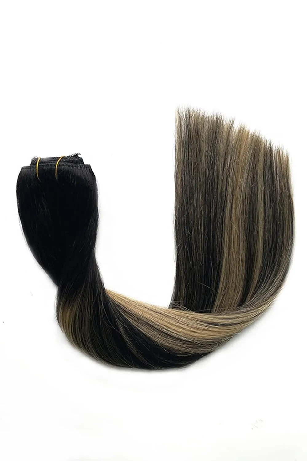 Seamless Lace Clip in Hair Extensions Balayage Black to Caramel Blonde Highlights 4 Pieces 100g 16 Inch
