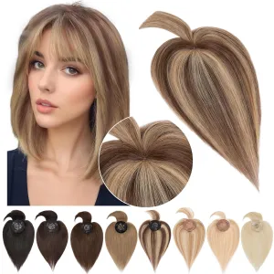 SEGO Hair Toppers for Women Real Human Hair with Bangs Mono Base 10 Inch Clip In Bangs Wiglets Topper Hair Pieces for Women with Thinning Hair -4P27 Medium Brown&Dark Blonde