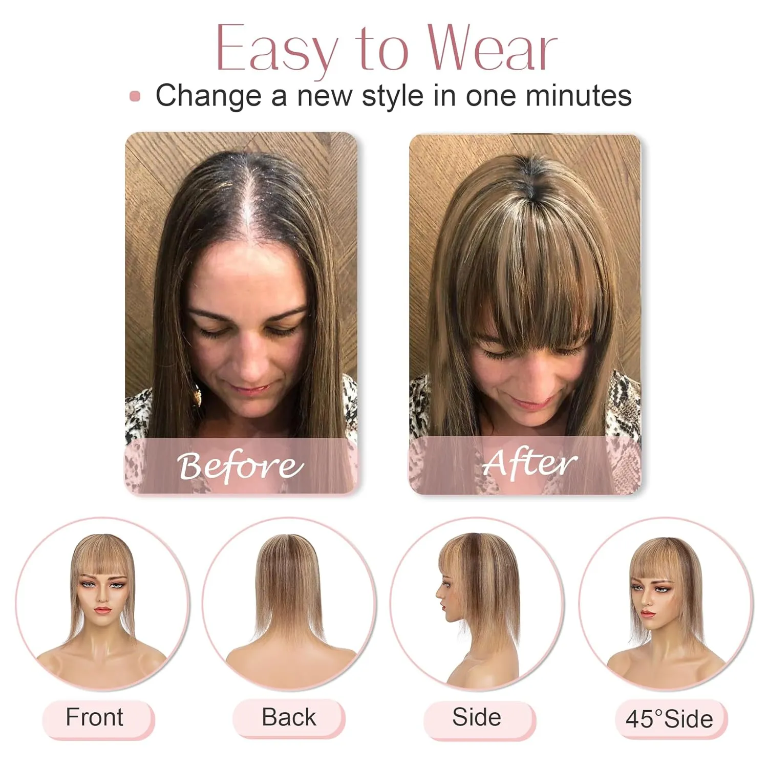 SEGO Hair Toppers for Women Real Human Hair with Bangs Mono Base 10 Inch Clip In Bangs Wiglets Topper Hair Pieces for Women with Thinning Hair -4P27 Medium Brown&Dark Blonde