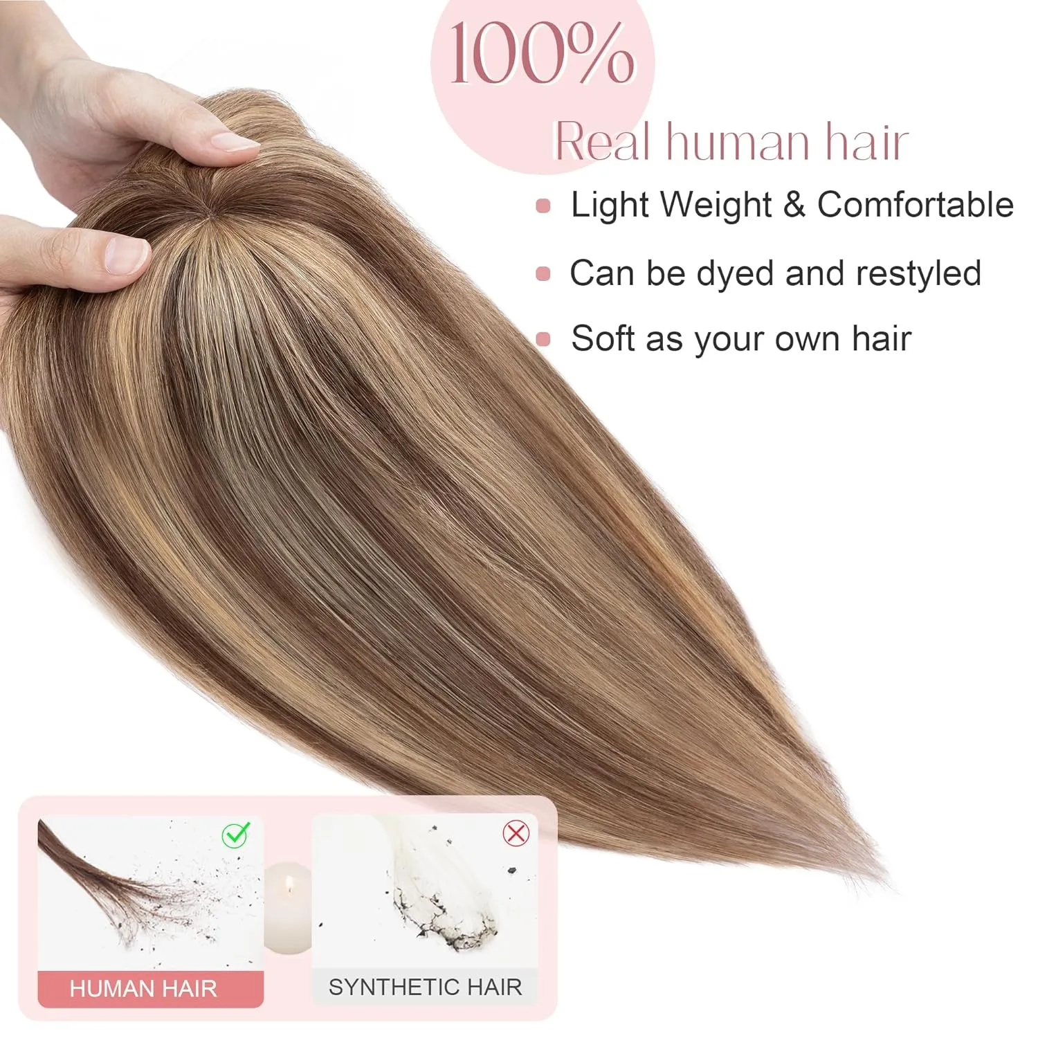SEGO Hair Toppers for Women Real Human Hair with Bangs Mono Base 10 Inch Clip In Bangs Wiglets Topper Hair Pieces for Women with Thinning Hair -4P27 Medium Brown&Dark Blonde