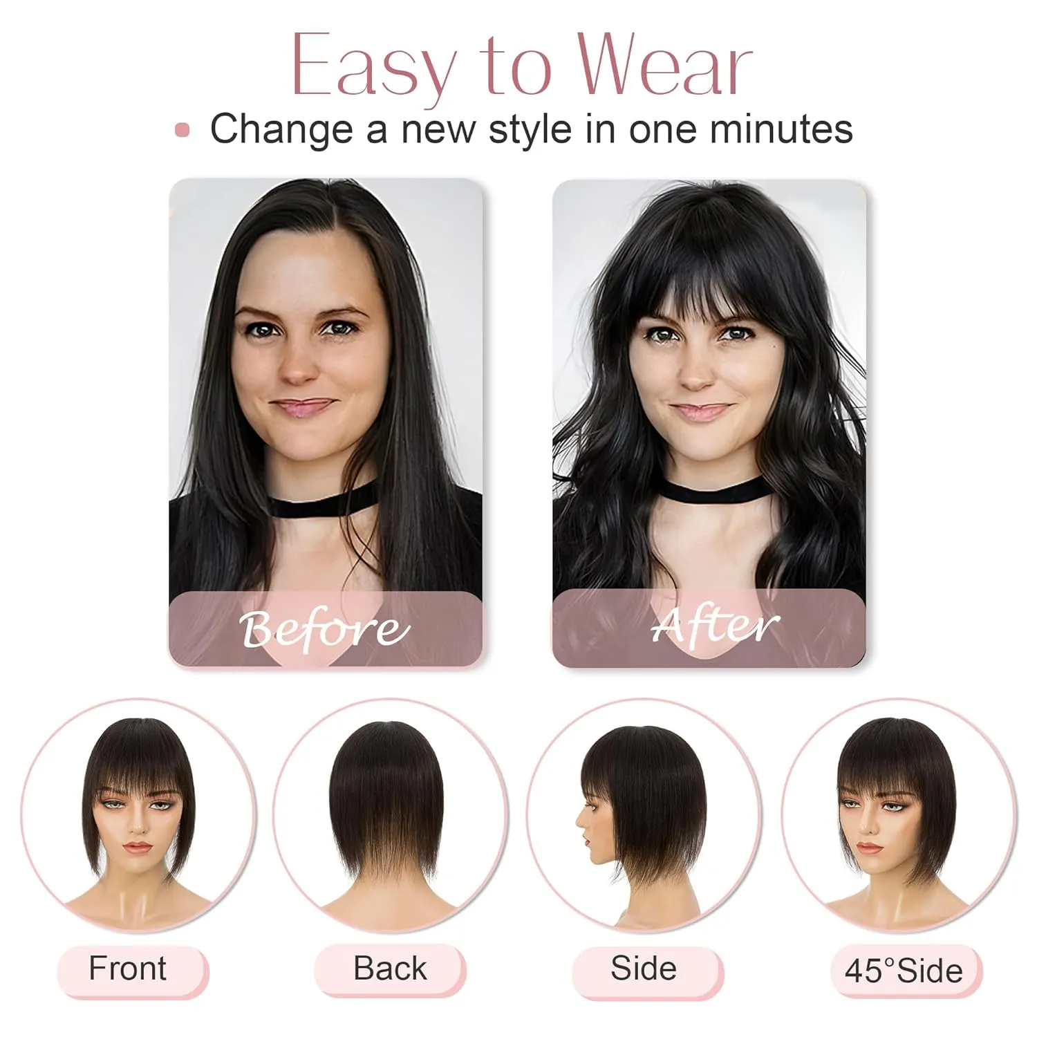 SEGO Hair Toppers for Women Real Human Hair with Bangs Mono Base 14 Inch Clip In Bangs Wiglets Topper Hair Pieces for Women with Thinning Hair -1B Natural Black