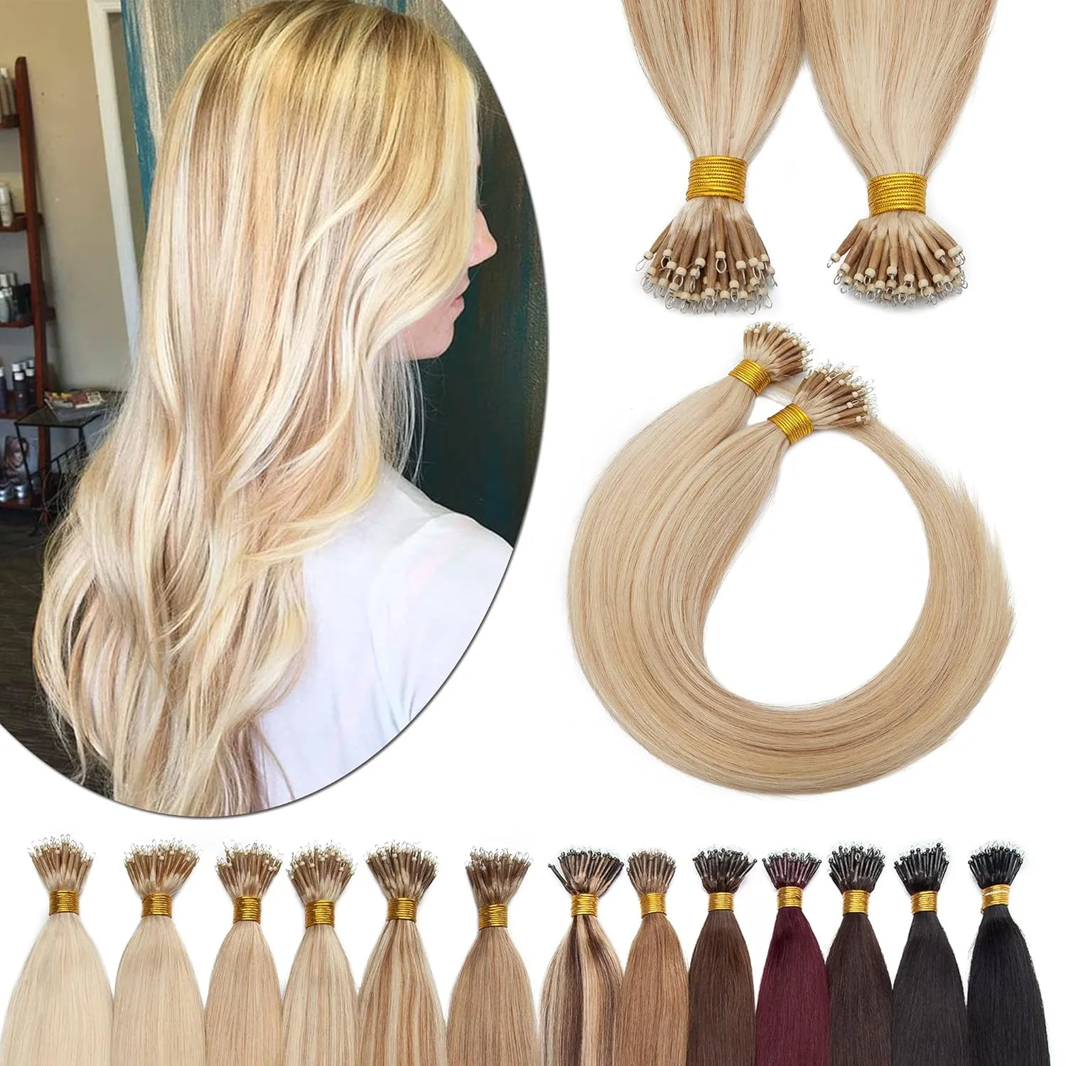 SEGO Nano Tip Hair Extensions Human Hair Balayage Nano Beads Pre-bonded Seamless Nano Ring Highlight Hair Extensions for Women 1g/strand 50g/pack -16 Inch -18P613 Ash Blonde&Bleach Blonde