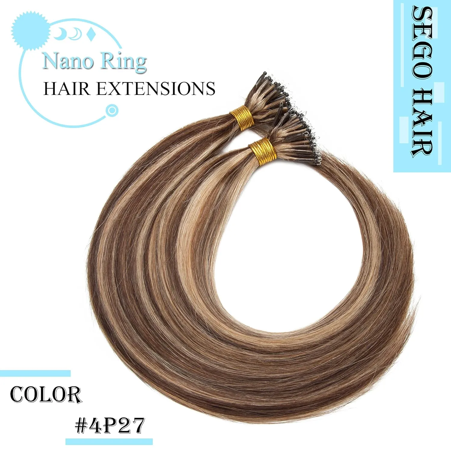 SEGO Nano Tip Hair Extensions Human Hair Balayage Nano Beads Pre-bonded Seamless Nano Ring Highlight Hair Extensions for Women 1g/strand 50g/pack -16 Inch /4P27 Medium Brown&Dark Blonde